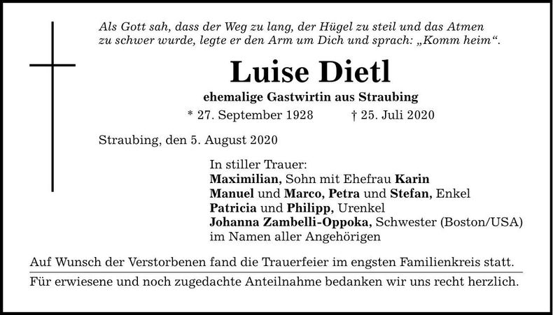 Traueranzeige Luise Dietl