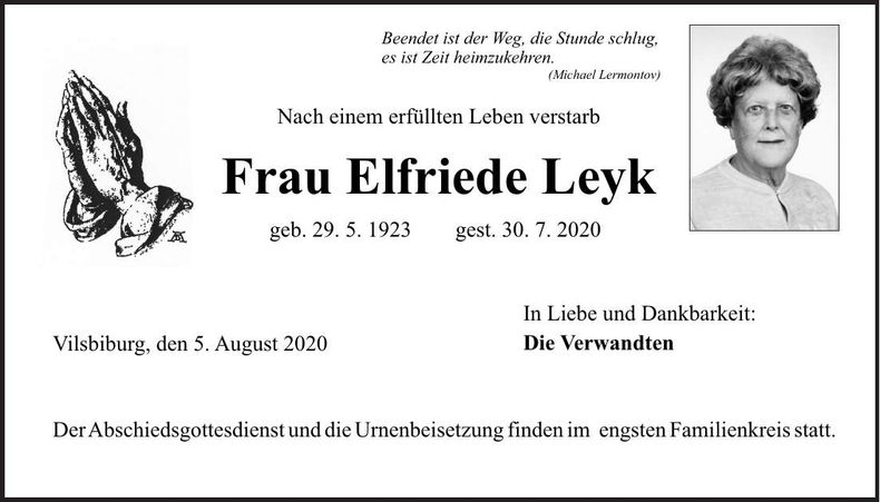 Traueranzeige Elfriede Leyk