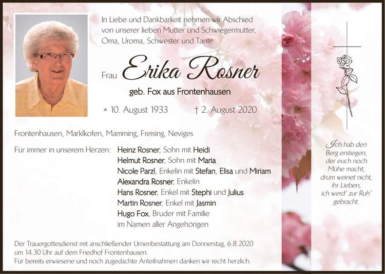 Traueranzeige Erika Rosner