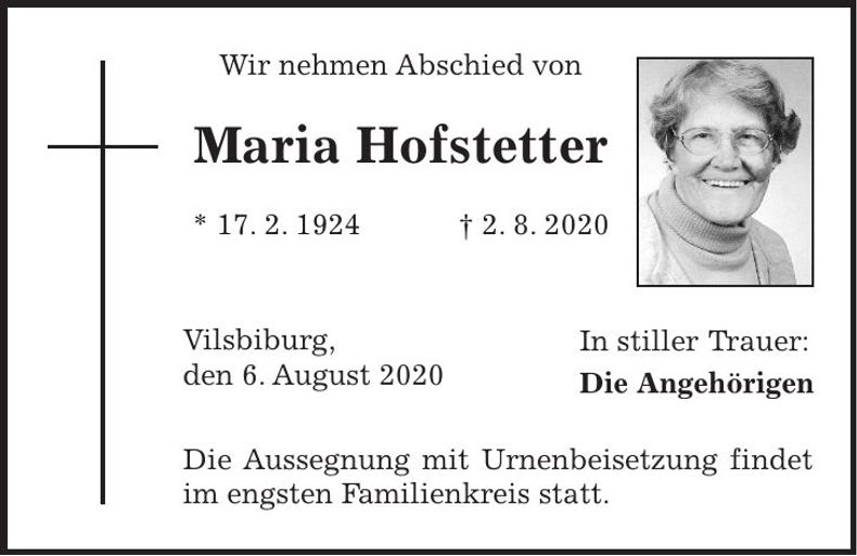 Traueranzeige Maria Hofstetter