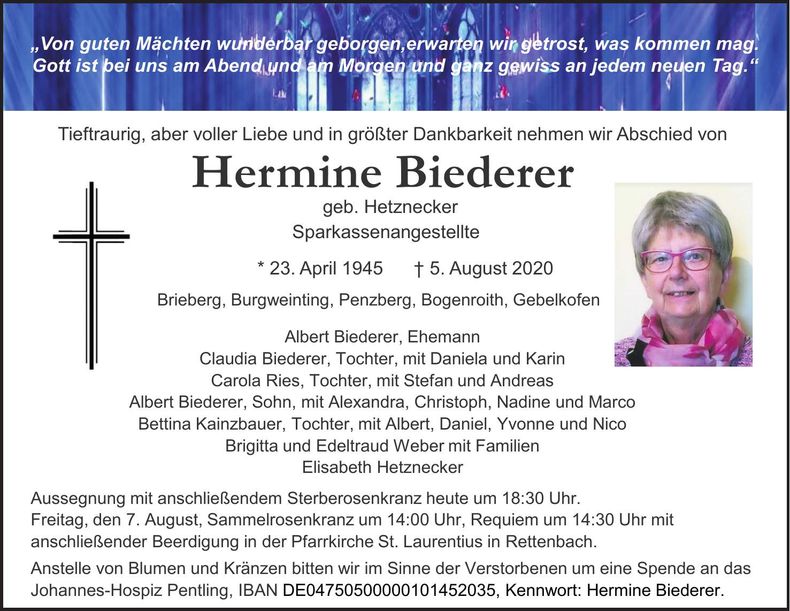 Traueranzeige Hermine Biederer