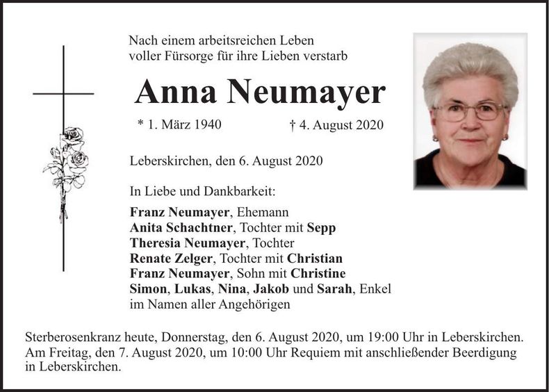 Traueranzeige Anna Neumayer