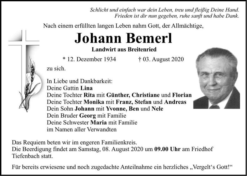 Traueranzeige Johann Bemerl
