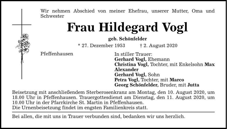Traueranzeige Hildegard Vogl