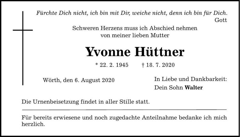 Traueranzeige Yvonne Hüttner