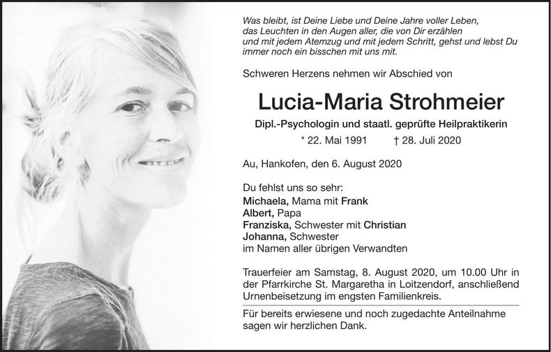 Traueranzeige Lucia-Maria Strohmeier