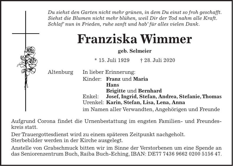 Traueranzeige Franziska Wimmer