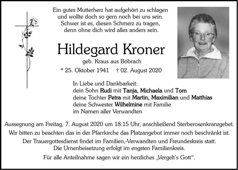 Traueranzeige Kroner Hildegard