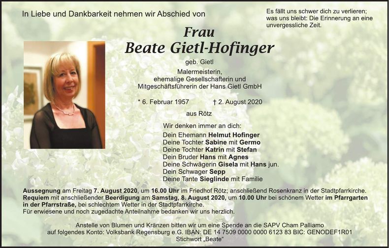 Traueranzeige Beate Hofinger-Gietl