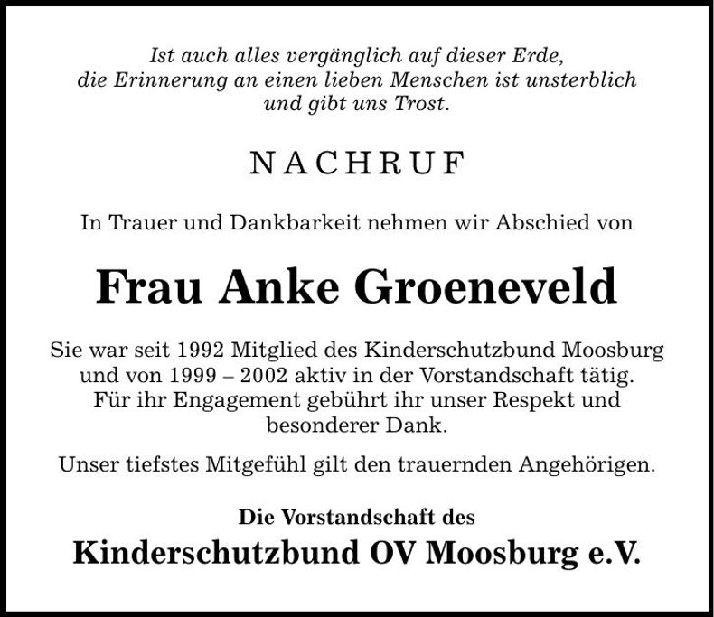 Traueranzeige Anke Groeneveld