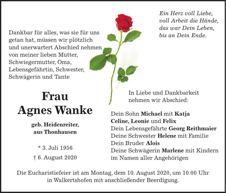 Traueranzeige Agnes Wanke