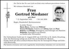 Traueranzeige Gertrud Miedaner