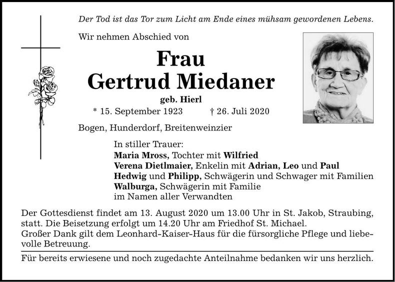 Traueranzeige Gertrud Miedaner