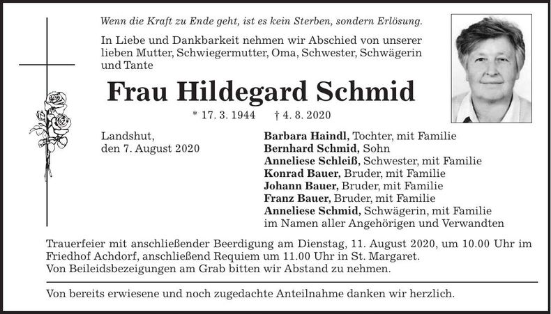Traueranzeige Hildegard Schmid