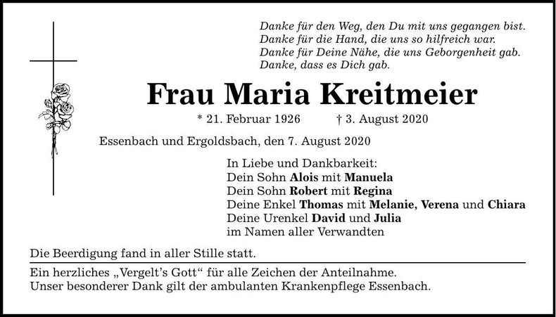 Traueranzeige Maria Kreitmeier