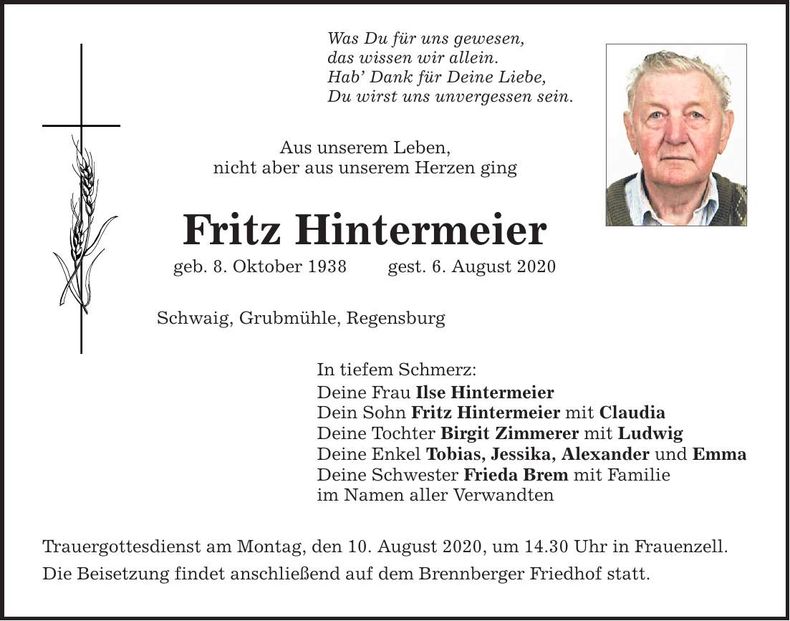 Traueranzeige Fritz Hintermeier