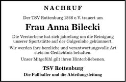 Traueranzeige Anna Bilecki