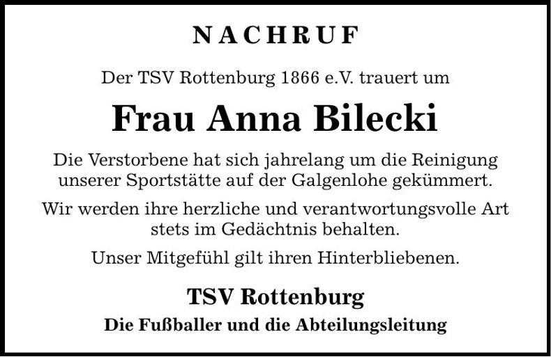 Traueranzeige Anna Bilecki