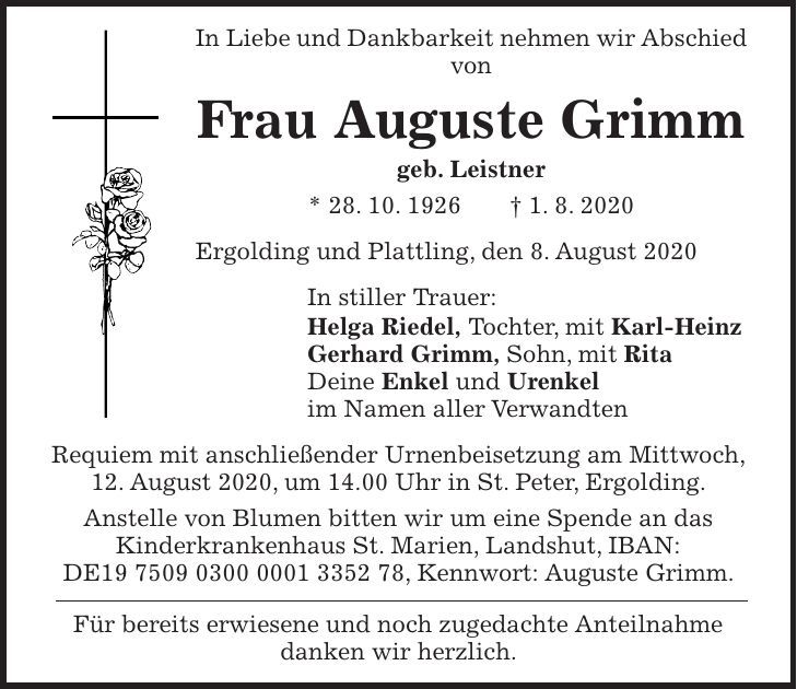Traueranzeige Auguste Grimm