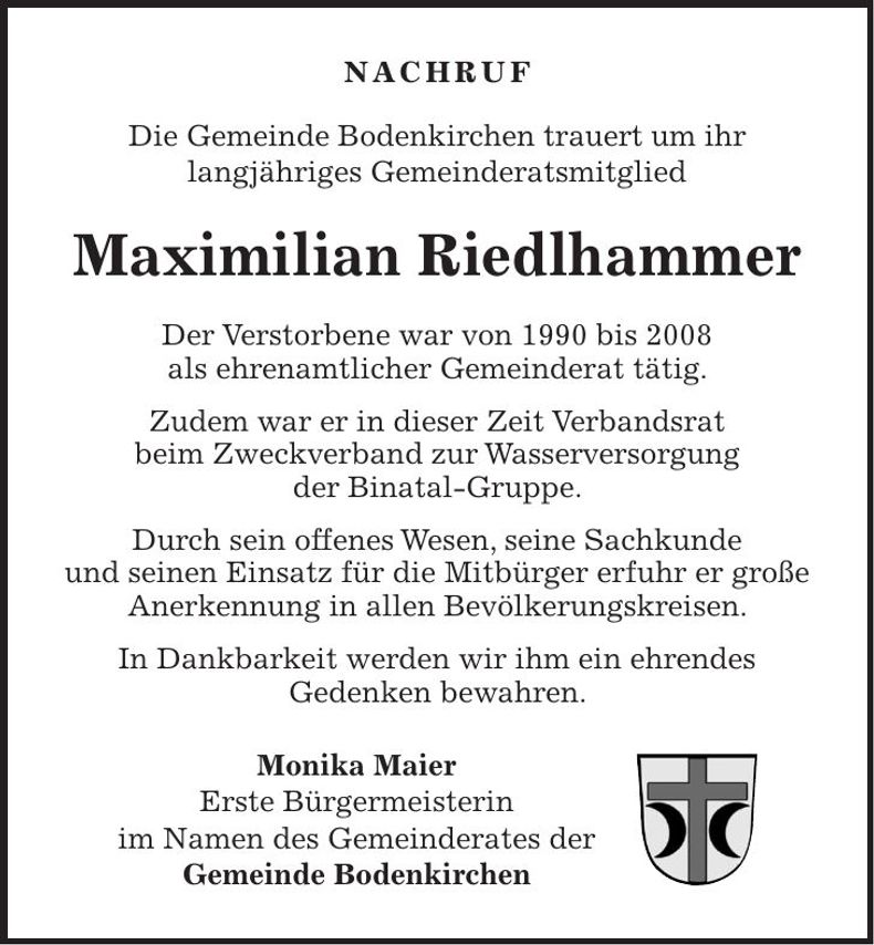 Traueranzeige Maximilian Riedlhammer