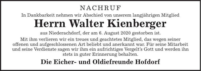 Traueranzeige Walter Kienberger