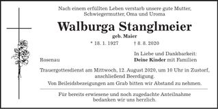 Traueranzeige Walburga Stanglmeier