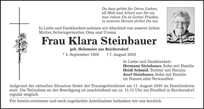 Traueranzeige Klara Steinbauer