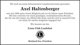 Traueranzeige Axel Haltenberger