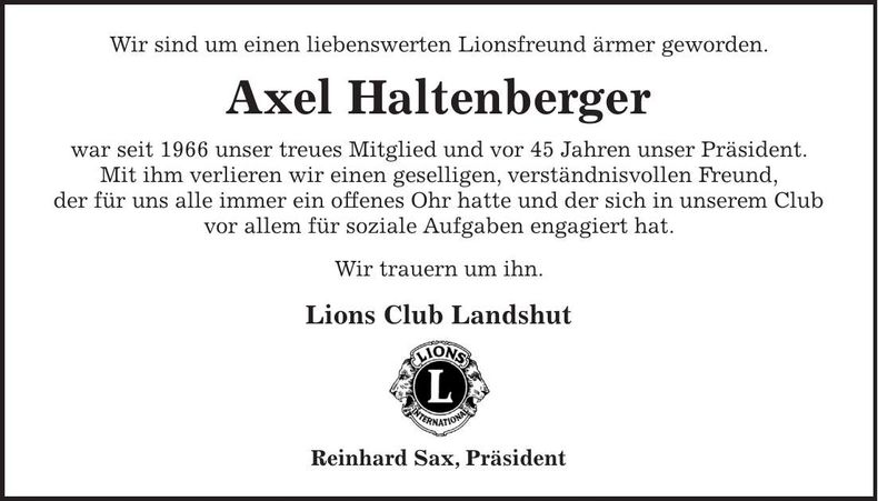 Traueranzeige Axel Haltenberger