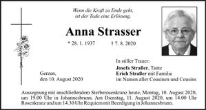 Traueranzeige Anna Strasser