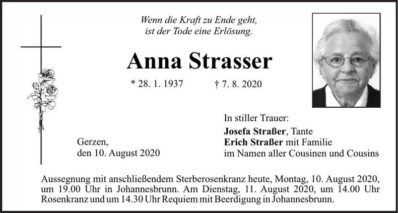 Traueranzeige Anna Strasser