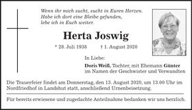 Traueranzeige Herta Joswig