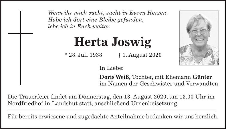 Traueranzeige Herta Joswig