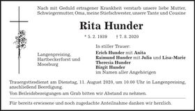 Traueranzeige Rita Hunder
