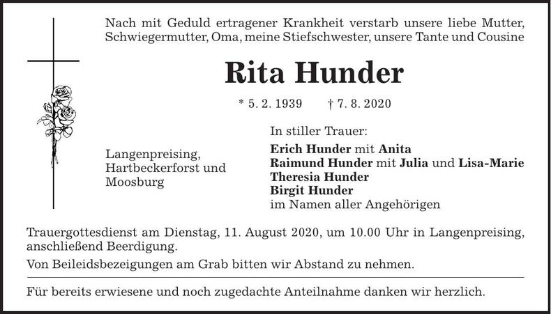 Traueranzeige Rita Hunder