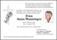 Traueranzeige Anna Wanninger