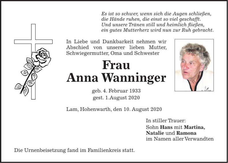 Traueranzeige Anna Wanninger
