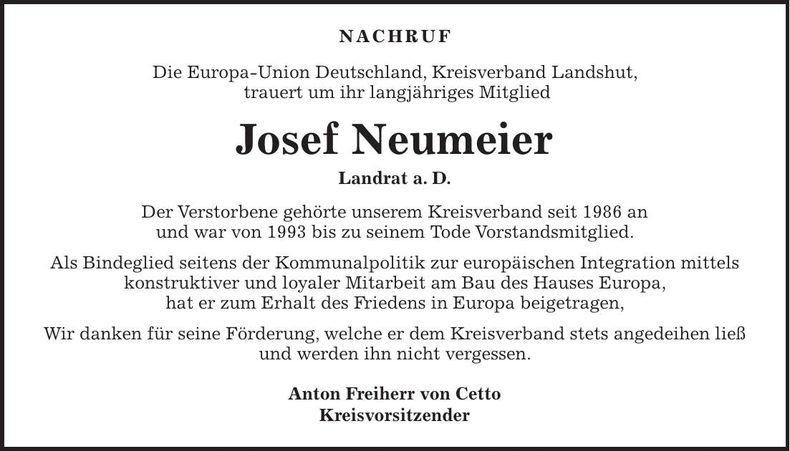 Traueranzeige Josef Neumeier