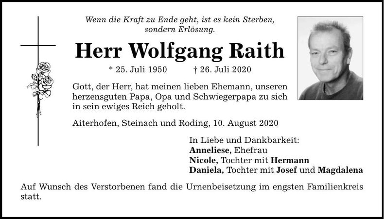 Traueranzeige Wolfgang Raith