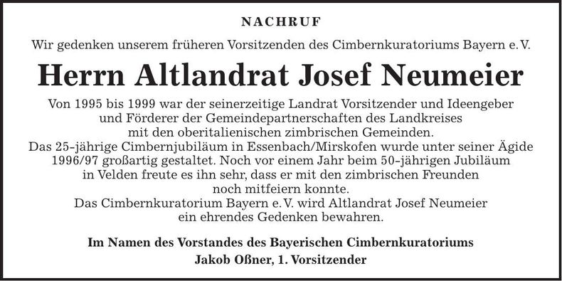 Traueranzeige Josef Neumeier