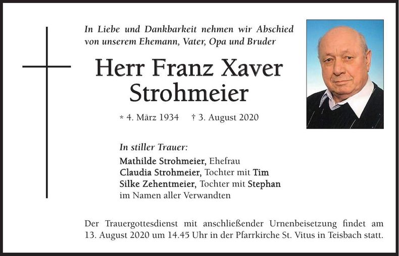 Traueranzeige Franz Xaver Strohmeier