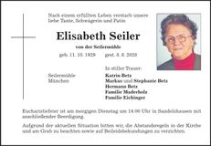 Traueranzeige Elisabeth Seiler