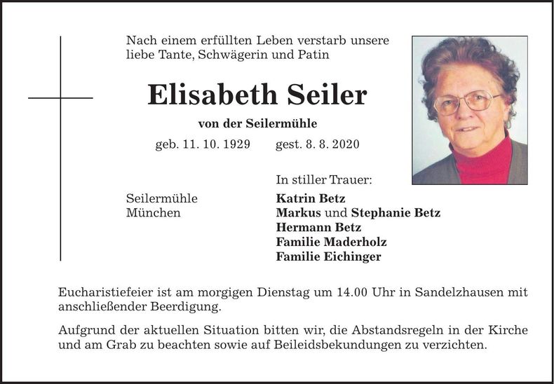 Traueranzeige Elisabeth Seiler