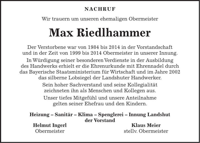Traueranzeige Max Riedlhammer