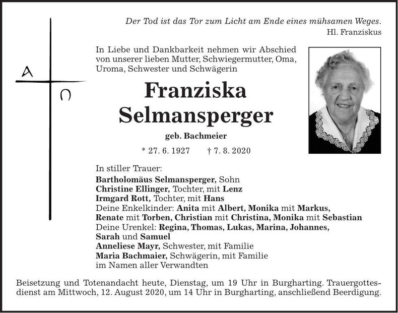 Traueranzeige Franziska Selmansperger