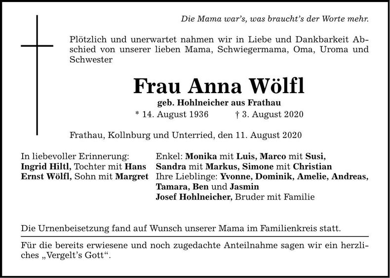 Traueranzeige Anna Wölfl