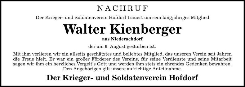 Traueranzeige Walter Kienberger