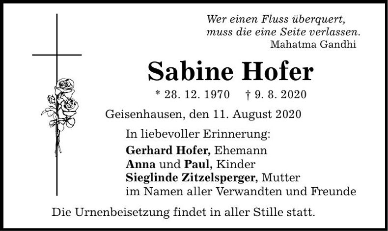 Traueranzeige Sabine Hofer