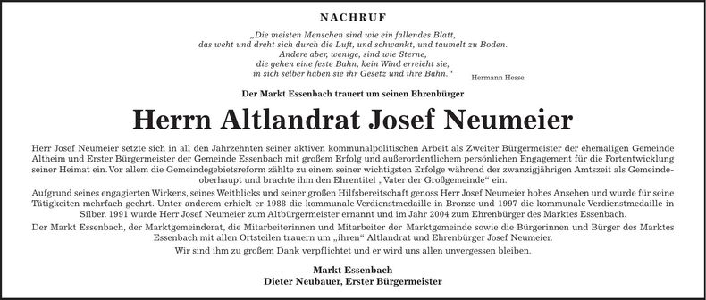 Traueranzeige Josef Neumeier