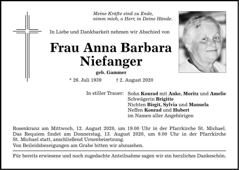 Traueranzeige Anna Barbara Niefanger